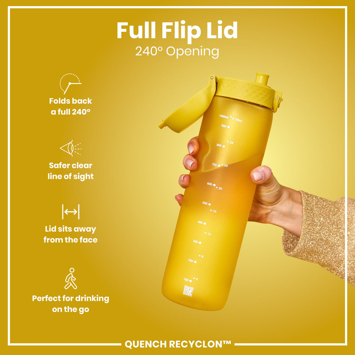 ION8 Leak Proof 1 litre Water Bottle, Recyclon, Yellow, 1L