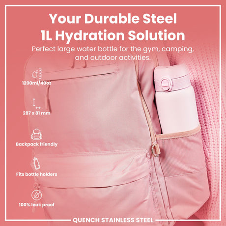 ION8 Leak Proof 1 Litre Water Bottle, Stainless Steel, Lilac Dusk, 1L