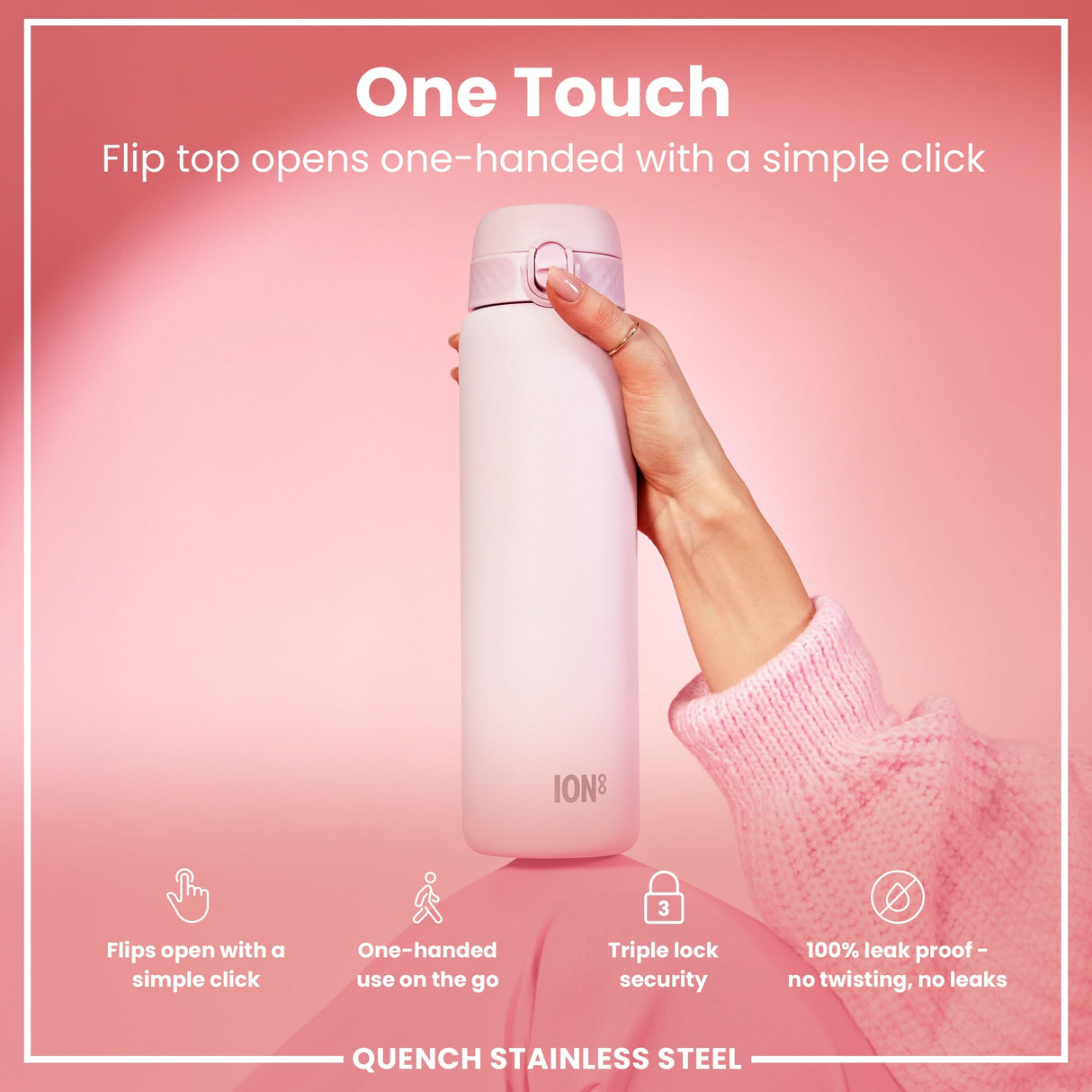 ION8 Leak Proof 1 Litre Water Bottle, Stainless Steel, Lilac Dusk, 1L