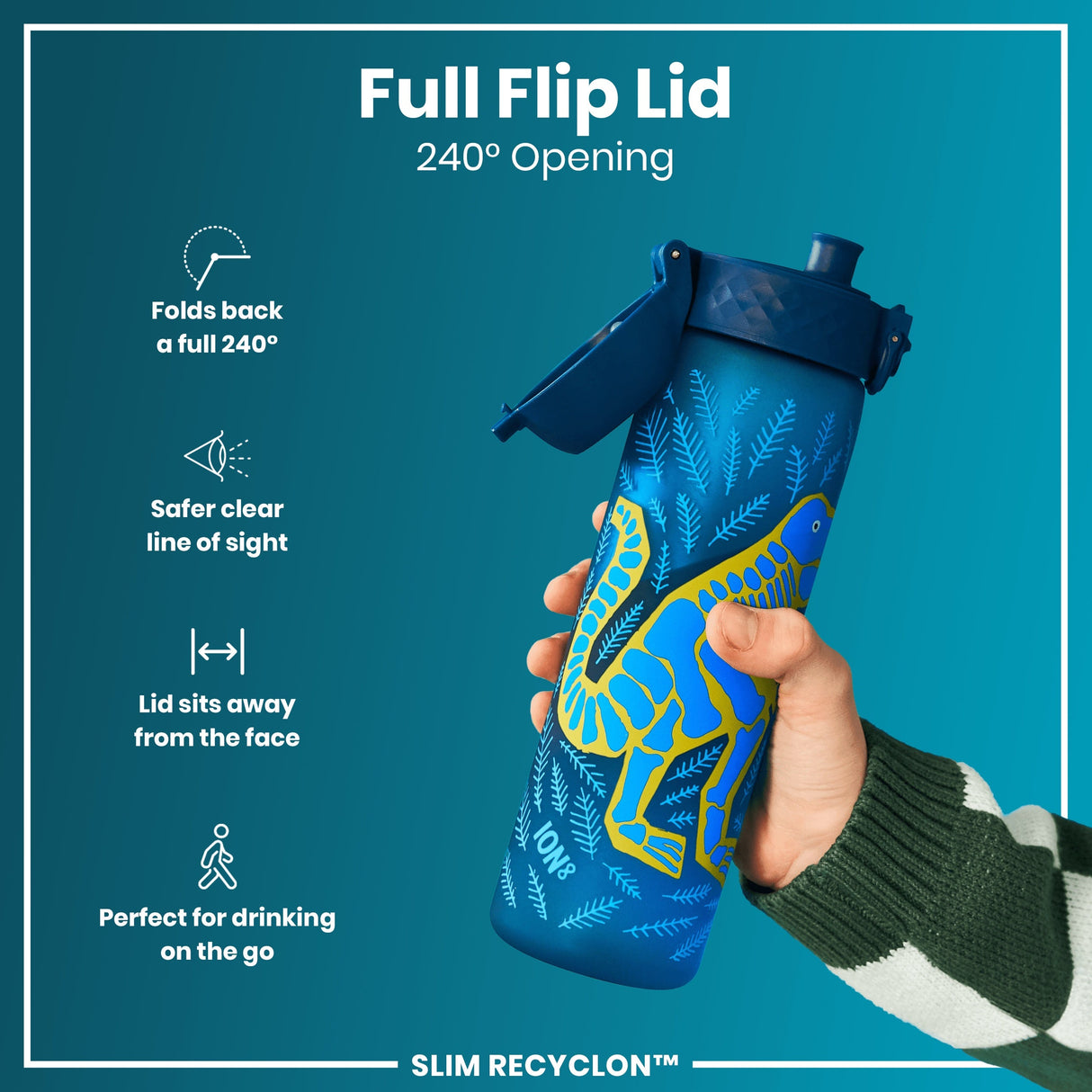 ION8 Leak Proof Slim Water Bottle, Recyclon, Dinosaurs, 500ml (18oz)