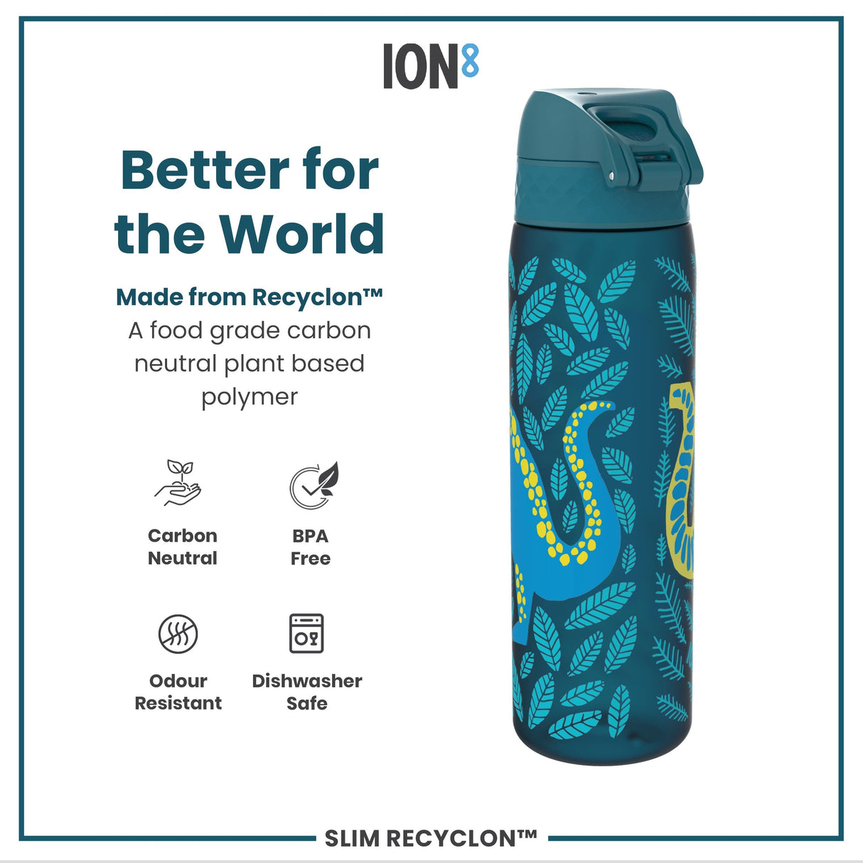 ION8 Leak Proof Slim Water Bottle, Recyclon, Dinosaurs, 500ml (18oz)
