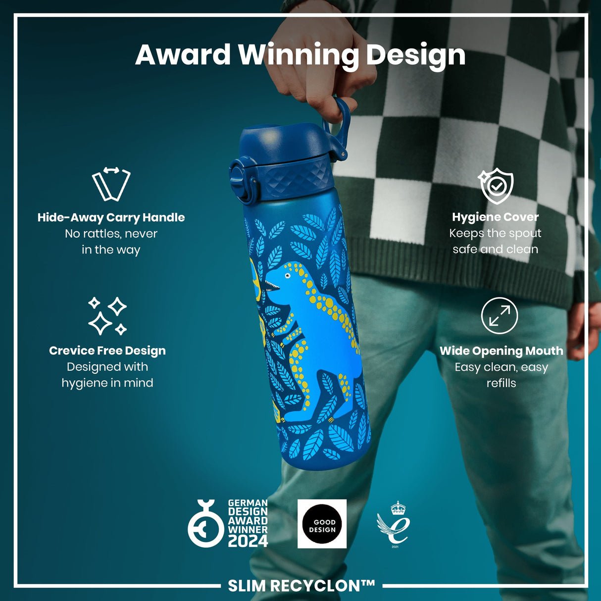 ION8 Leak Proof Slim Water Bottle, Recyclon, Dinosaurs, 500ml (18oz)