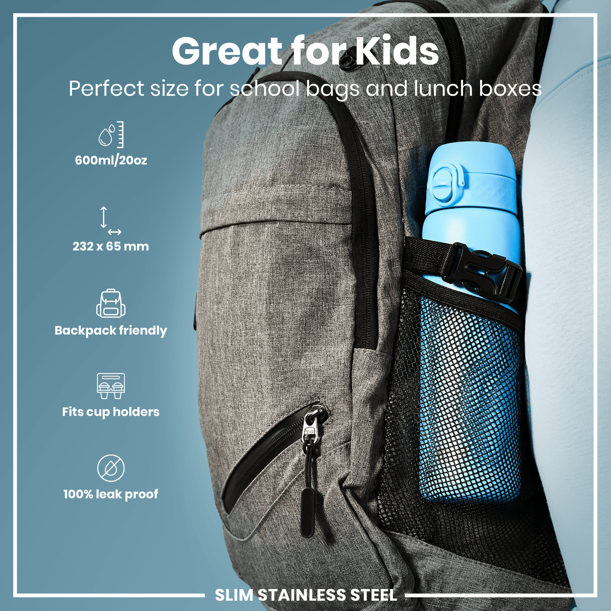ION8 Leak Proof Slim Water Bottle, Stainless Steel, Alaskan Blue, 600ml (20oz)