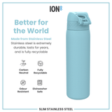 ION8 Leak Proof Slim Water Bottle, Stainless Steel, Alaskan Blue, 600ml (20oz)