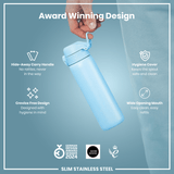 ION8 Leak Proof Slim Water Bottle, Stainless Steel, Alaskan Blue, 600ml (20oz)