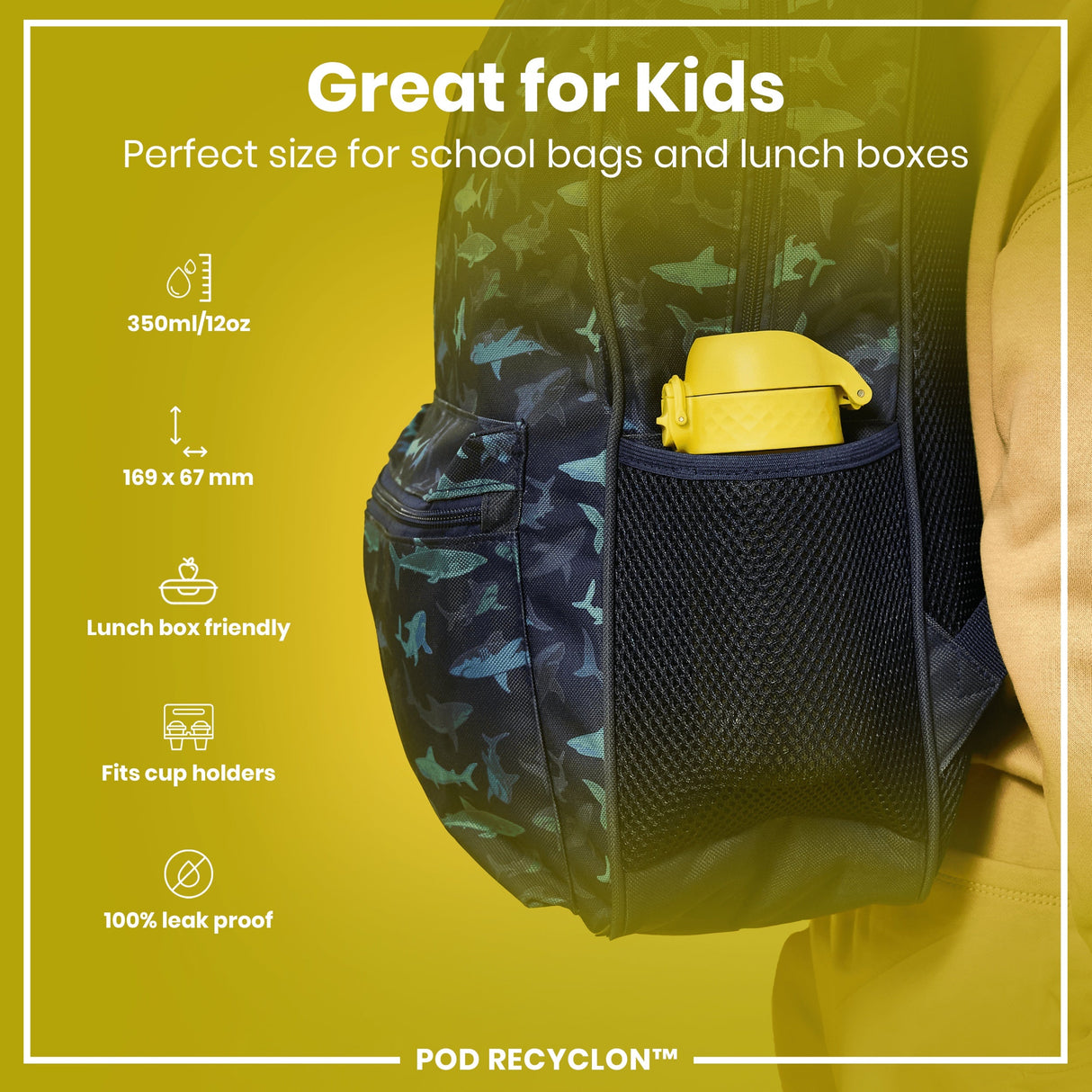 ION8 Leak Proof Kids Water Bottle, Recyclon, Yellow, 350ml (12oz)