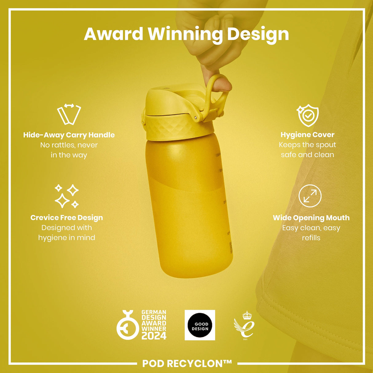 ION8 Leak Proof Kids Water Bottle, Recyclon, Yellow, 350ml (12oz)