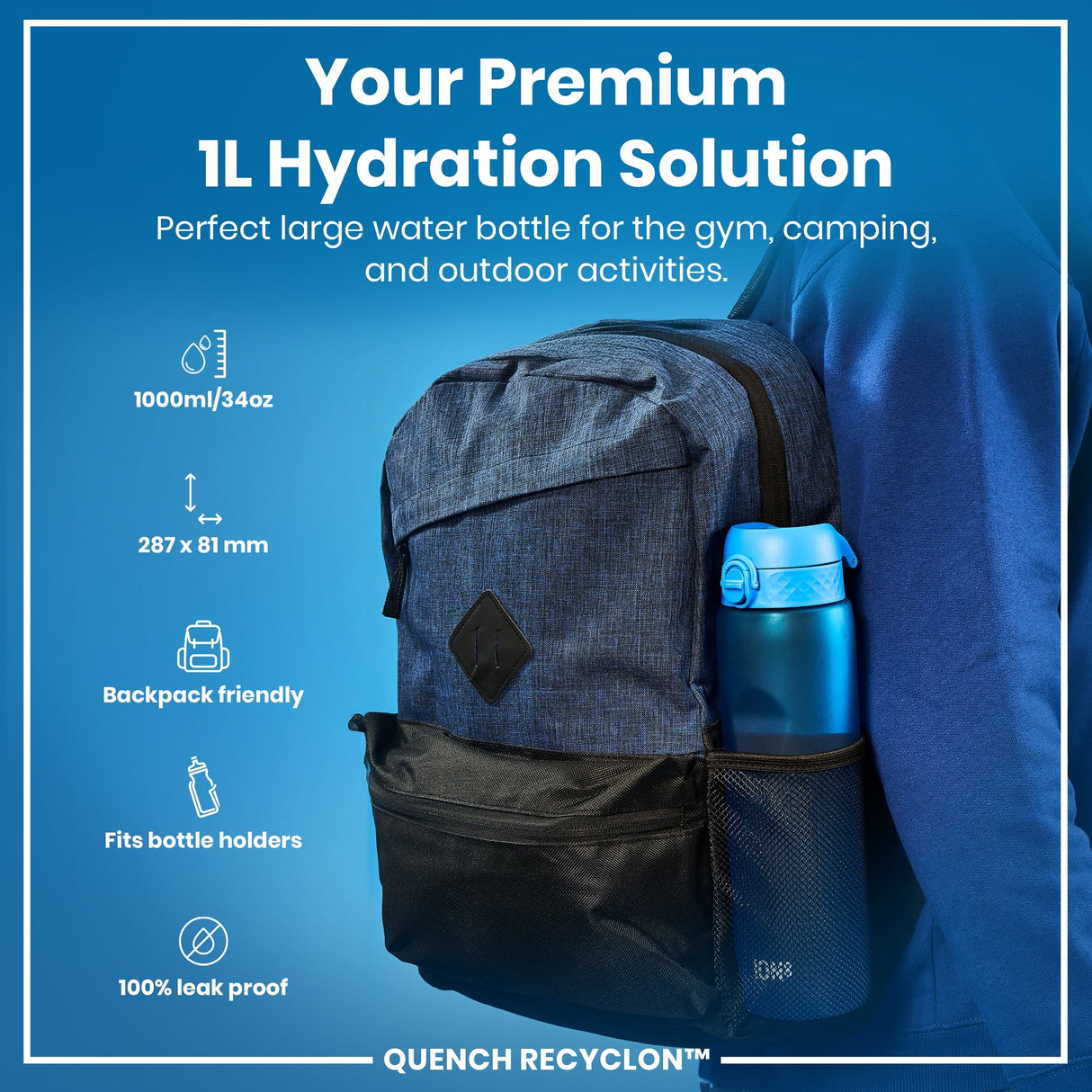 ION8 Leak Proof 1 litre Water Bottle, Recyclon, Blue, 1L