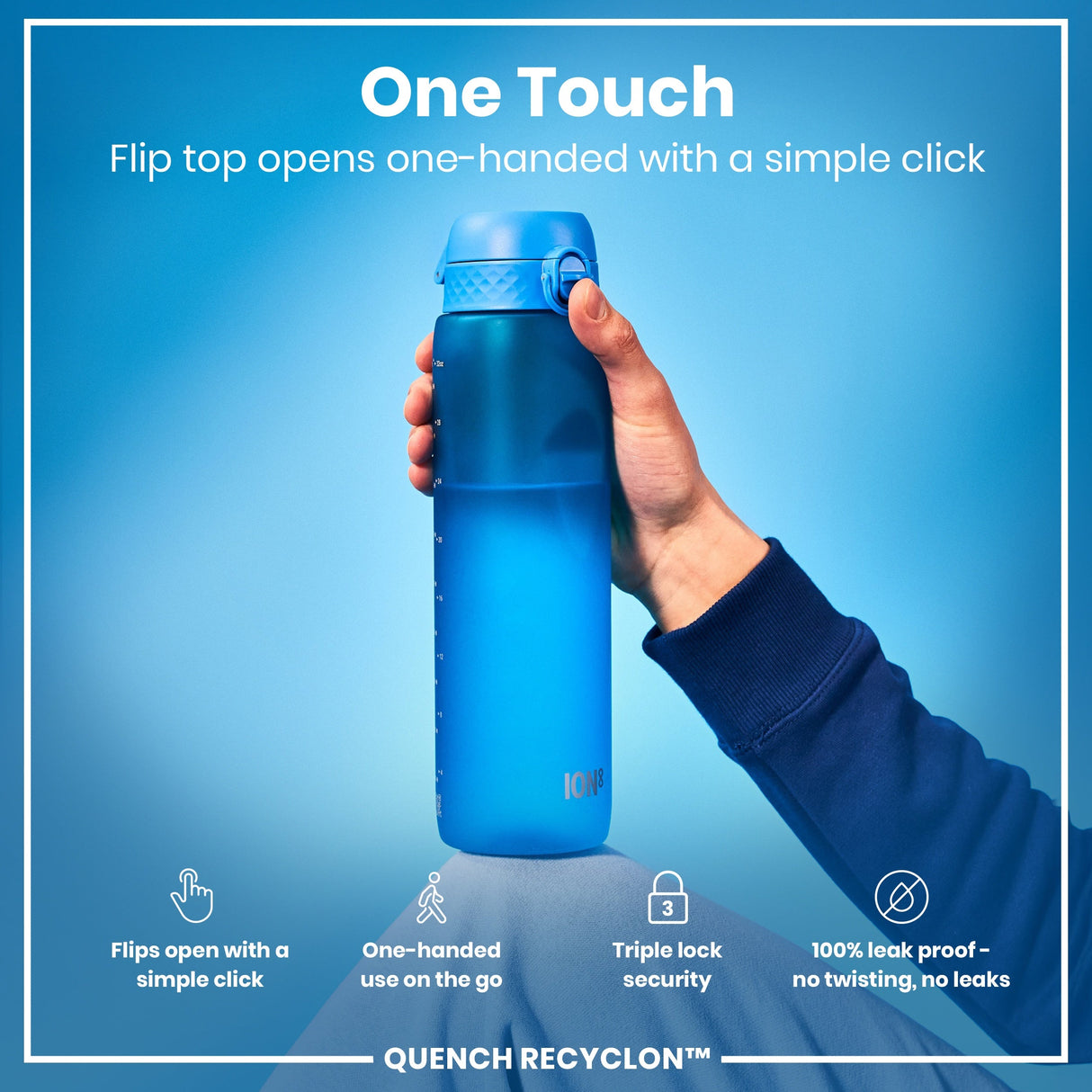 ION8 Leak Proof 1 litre Water Bottle, Recyclon, Blue, 1L