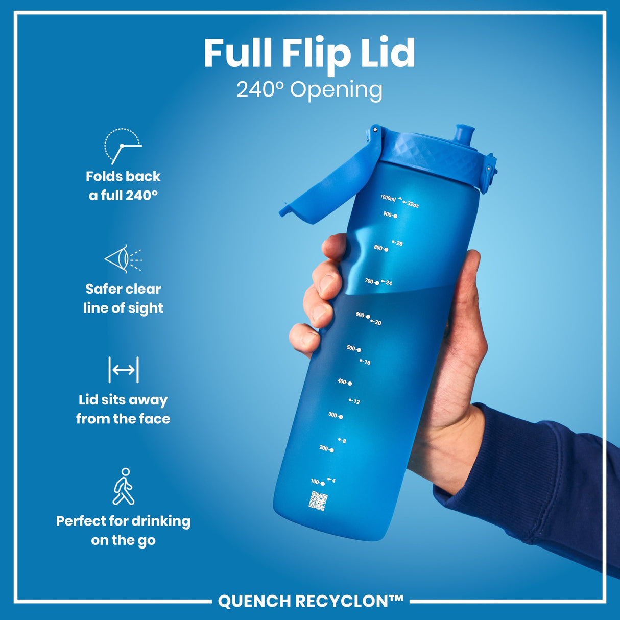 ION8 Leak Proof 1 litre Water Bottle, Recyclon, Blue, 1L
