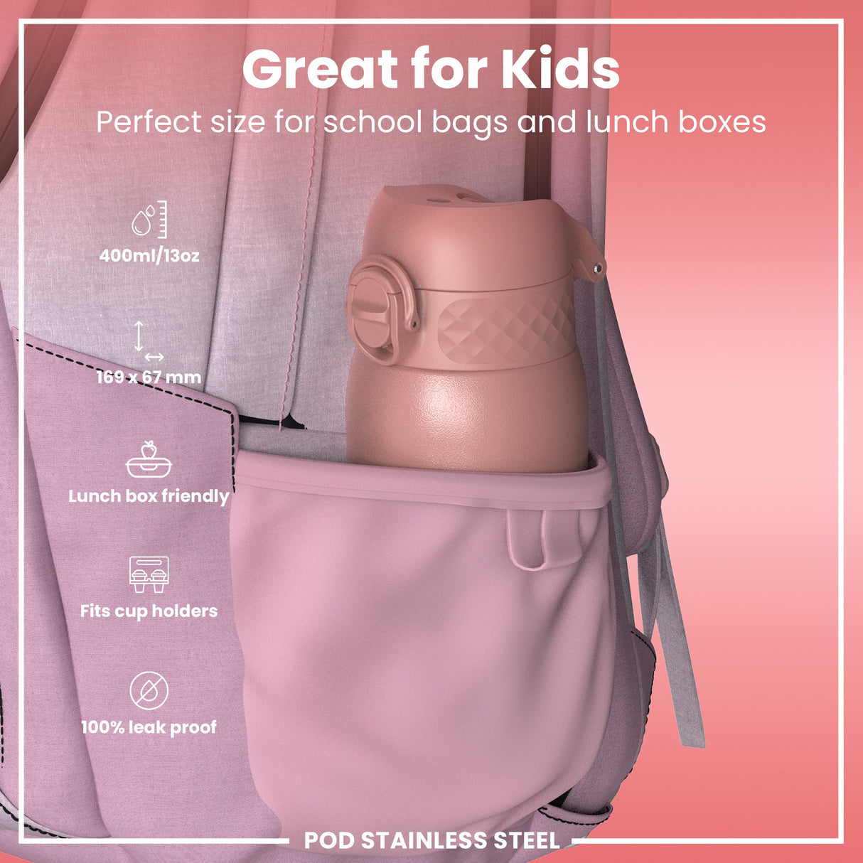 ION8 Leak Proof Kids Water Bottle, Stainless Steel, Ash Rose, 400ml (13oz)