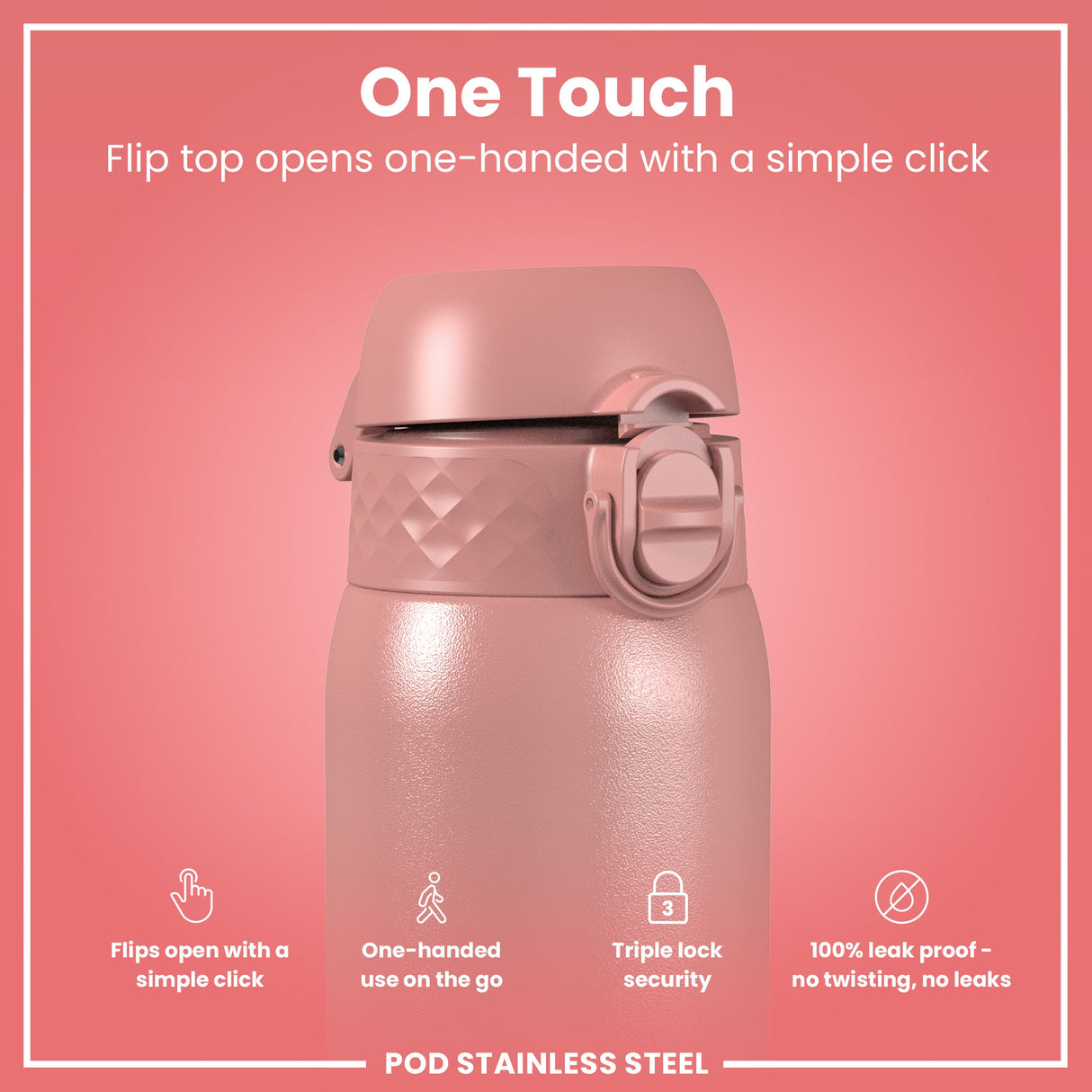 ION8 Leak Proof Kids Water Bottle, Stainless Steel, Ash Rose, 400ml (13oz)