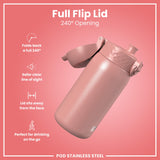 ION8 Leak Proof Kids Water Bottle, Stainless Steel, Ash Rose, 400ml (13oz)