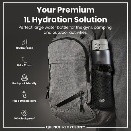 ION8 Leak Proof 1 litre Water Bottle, Recyclon, Grey, 1L