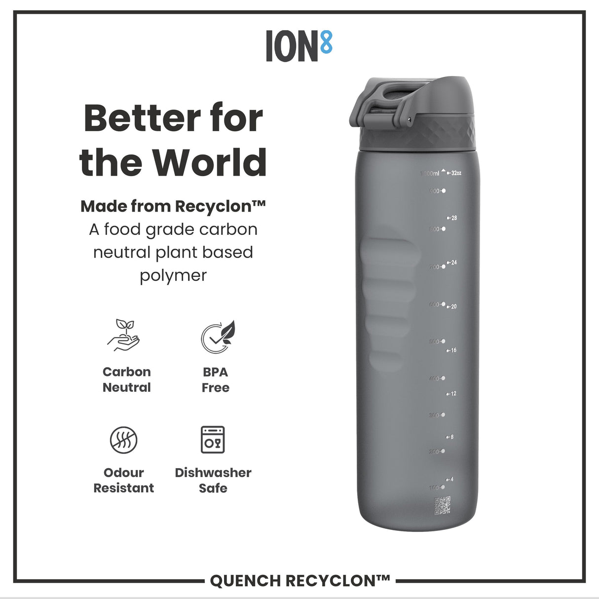 ION8 Leak Proof 1 litre Water Bottle, Recyclon, Grey, 1L