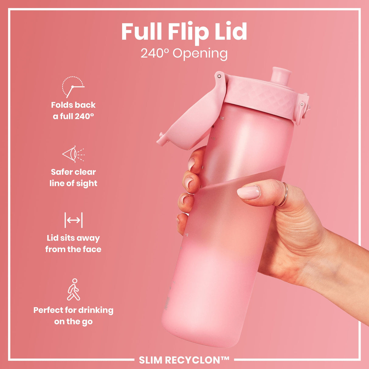ION8 Leak Proof Slim Water Bottle, Recyclon, Rose Quartz, 500ml (18oz)