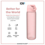 ION8 Leak Proof Slim Water Bottle, Recyclon, Rose Quartz, 500ml (18oz)