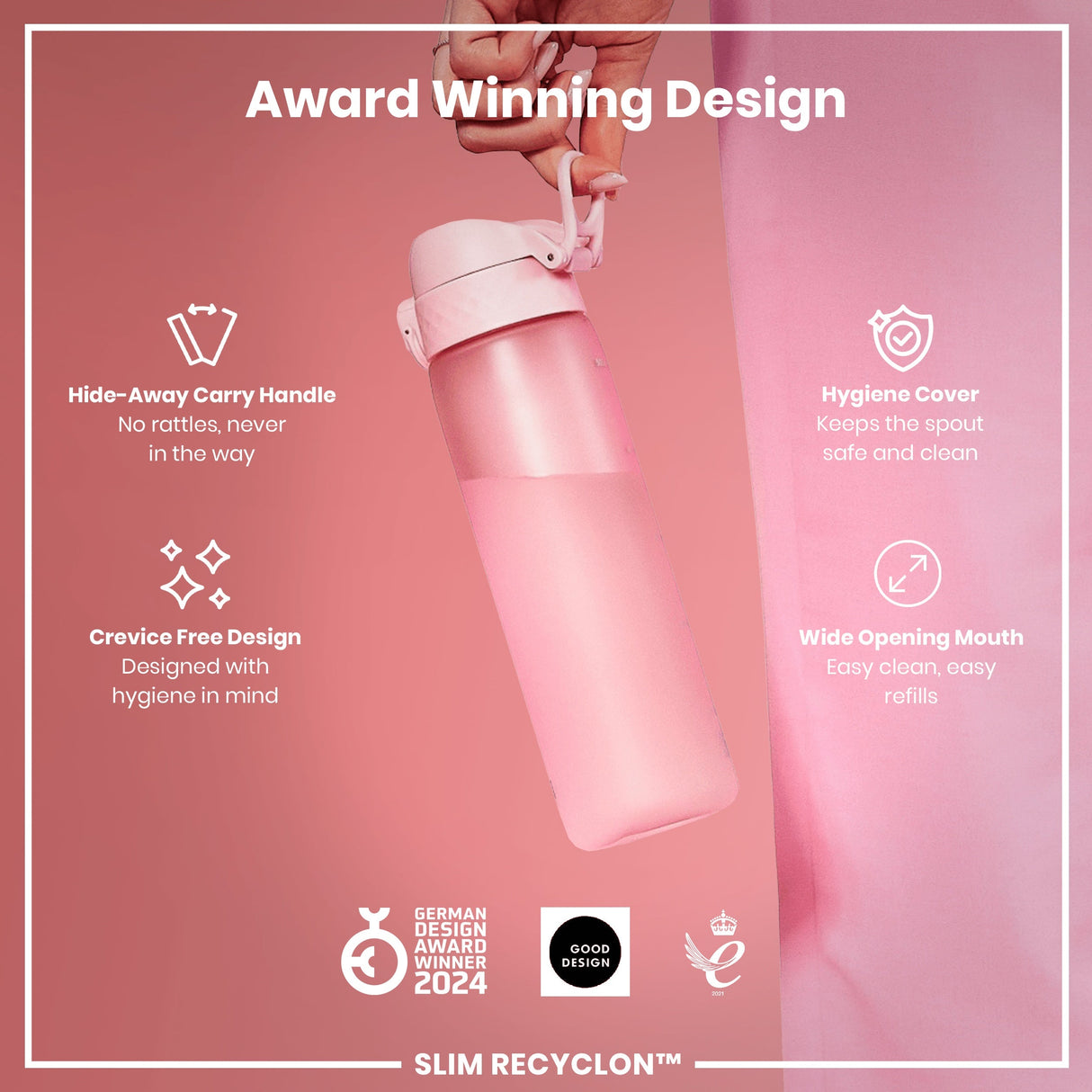ION8 Leak Proof Slim Water Bottle, Recyclon, Rose Quartz, 500ml (18oz)