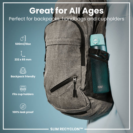 ION8 Leak Proof Slim Water Bottle, Recyclon, Sonic Blue, 500ml (18oz)