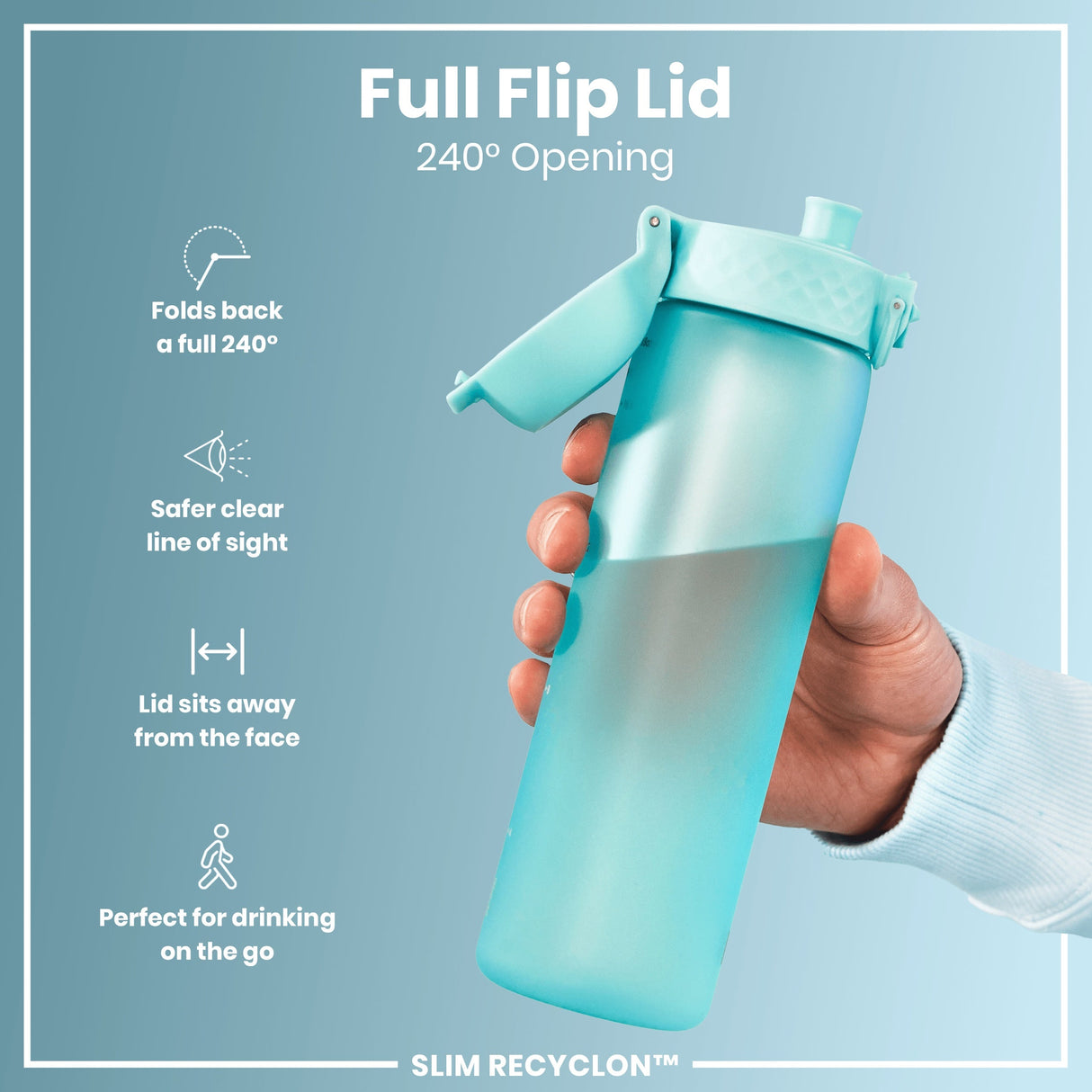 ION8 Leak Proof Slim Water Bottle, Recyclon, Sonic Blue, 500ml (18oz)