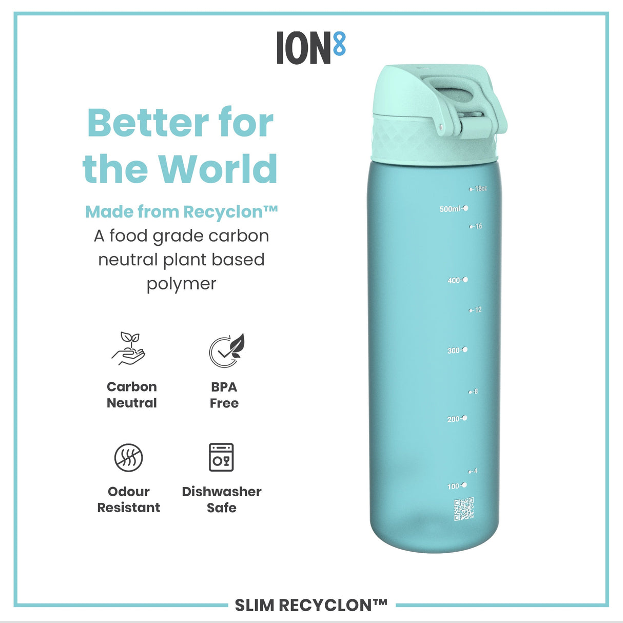 ION8 Leak Proof Slim Water Bottle, Recyclon, Sonic Blue, 500ml (18oz)