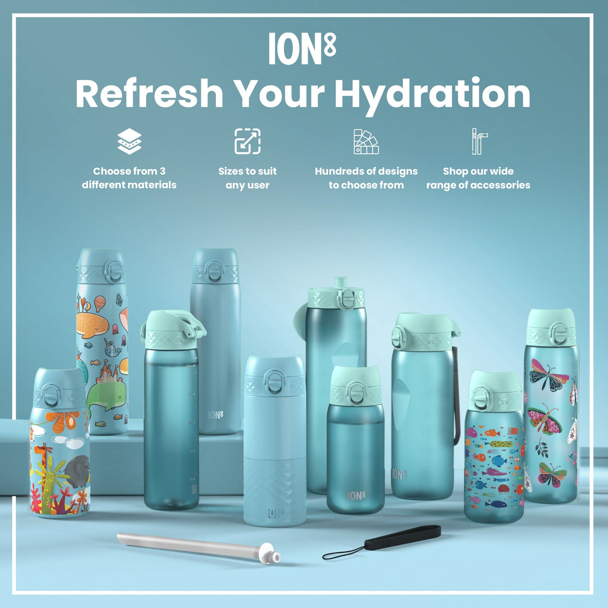ION8 Leak Proof Slim Water Bottle, Recyclon, Sonic Blue, 500ml (18oz)
