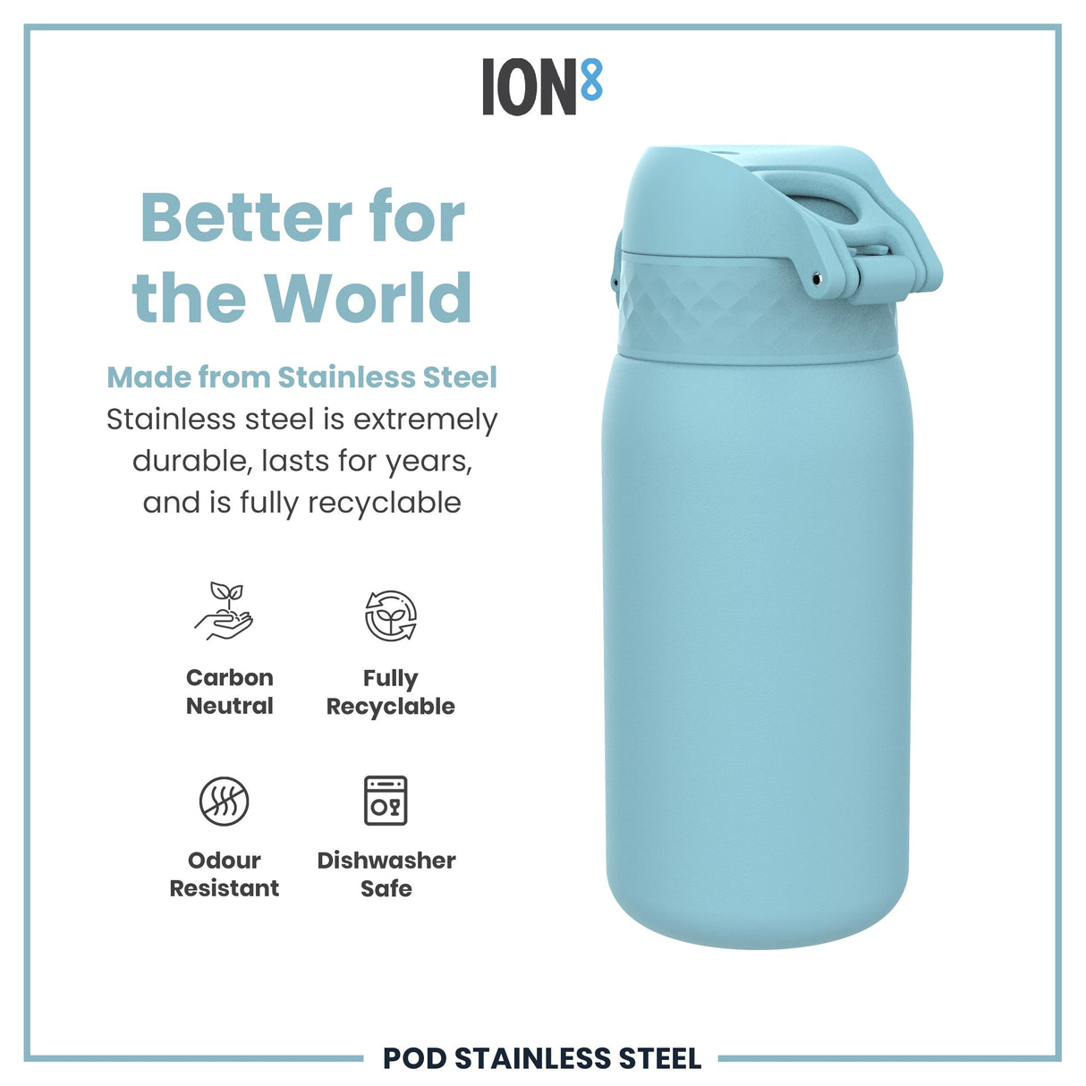 ION8 Leak Proof Kids Water Bottle, Stainless Steel, Alaskan Blue, 400ml (13oz)