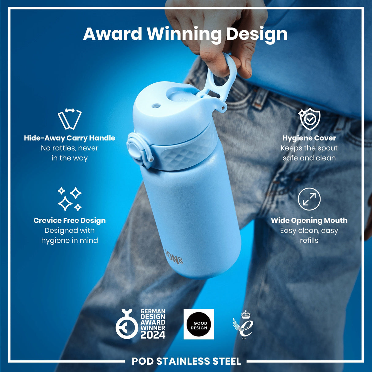 ION8 Leak Proof Kids Water Bottle, Stainless Steel, Alaskan Blue, 400ml (13oz)