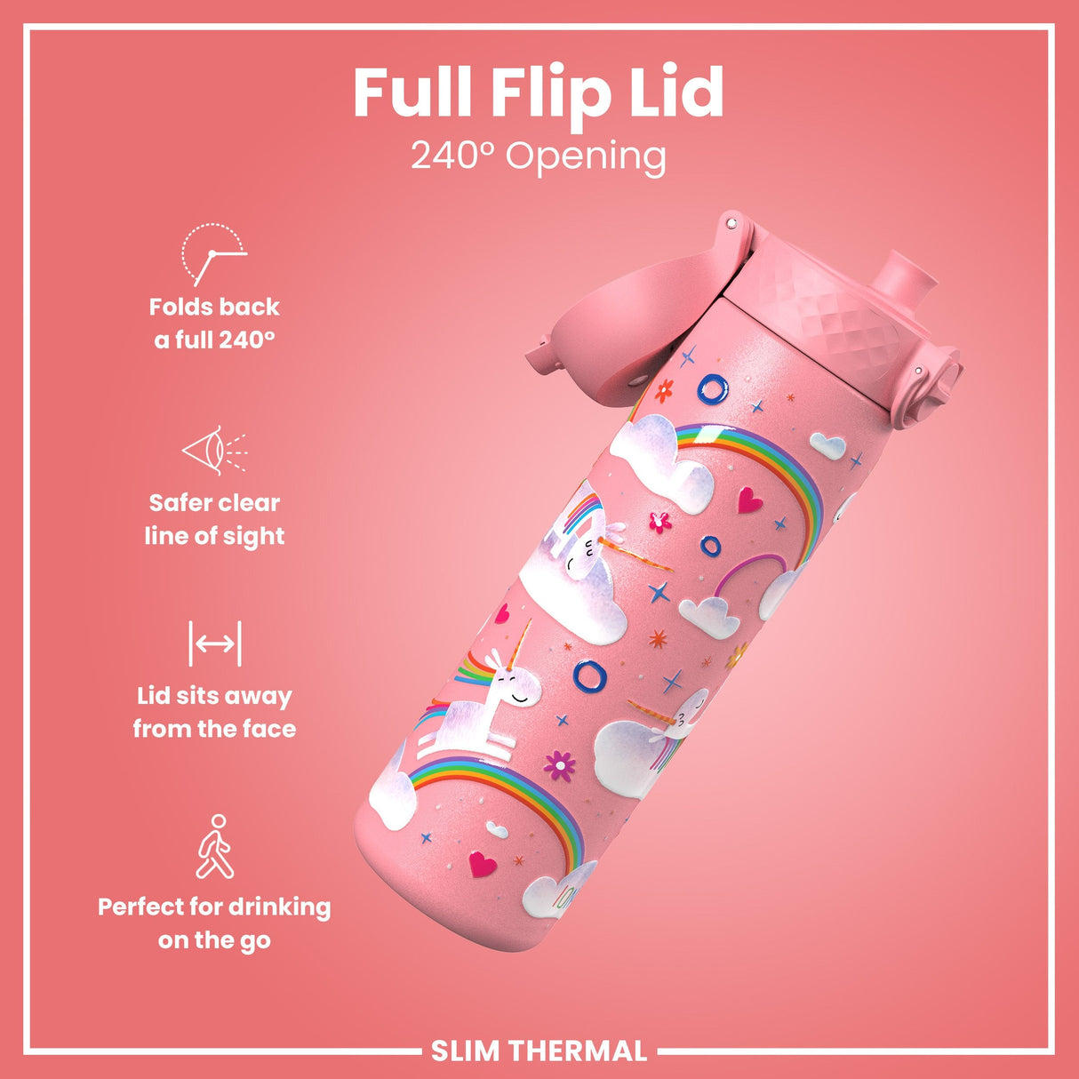 ION8 Leak Proof Slim Thermal Steel Water Bottle, Insulated, Unicorn, 500ml (17oz)