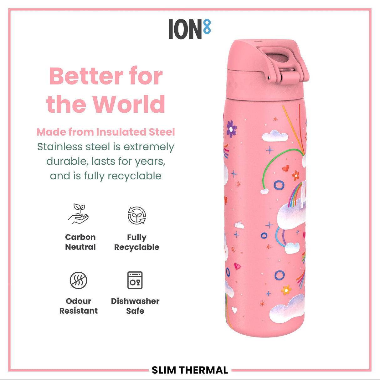 ION8 Leak Proof Slim Thermal Steel Water Bottle, Insulated, Unicorn, 500ml (17oz)
