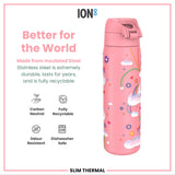 ION8 Leak Proof Slim Thermal Steel Water Bottle, Insulated, Unicorn, 500ml (17oz)