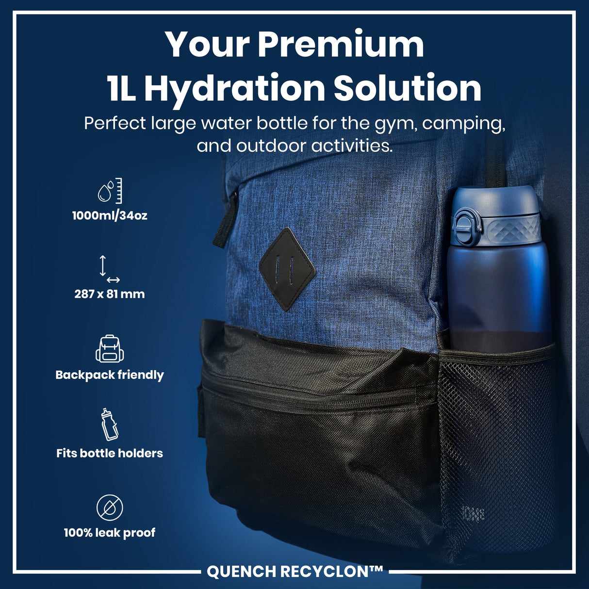 ION8 Leak Proof 1 litre Water Bottle, Recyclon, Navy, 1L