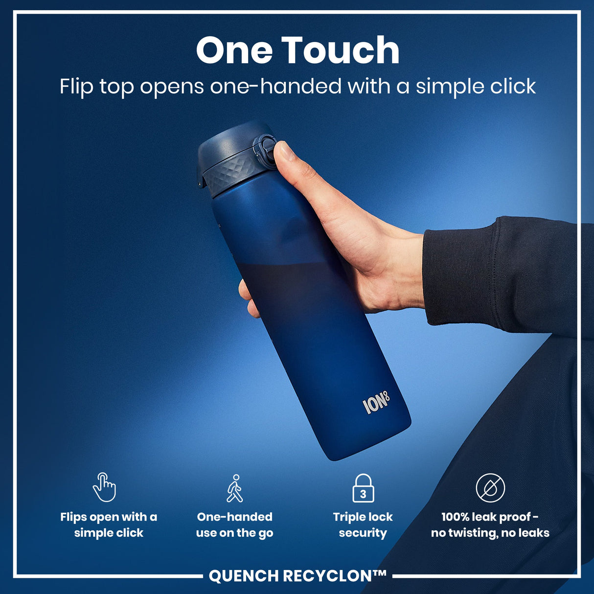 ION8 Leak Proof 1 litre Water Bottle, Recyclon, Navy, 1L