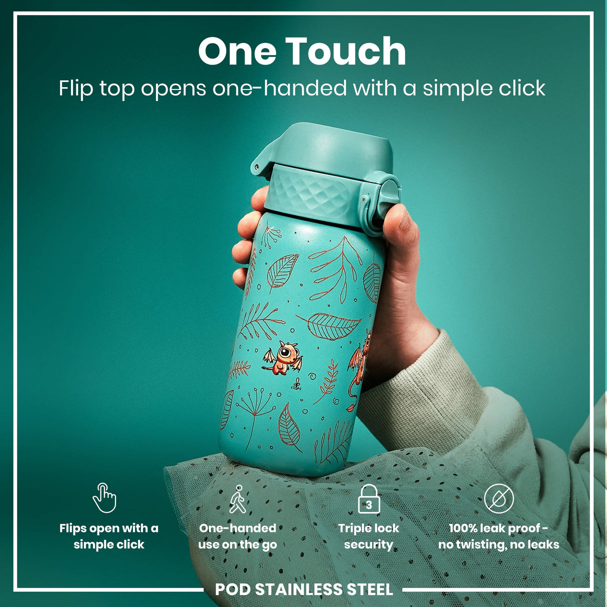 ION8 Leak Proof Kids Water Bottle, Stainless Steel, Egg to Dragon, 400ml (13oz)