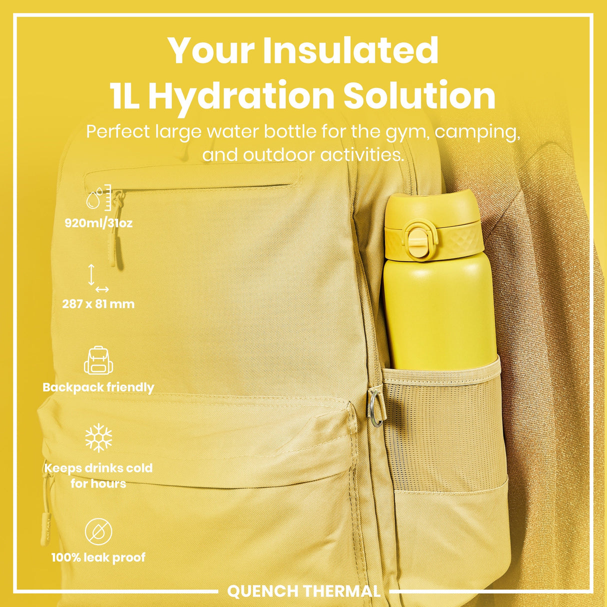 ION8 Leak Proof 1 Litre Thermal Water Bottle, Insulated Steel, Yellow, 1L