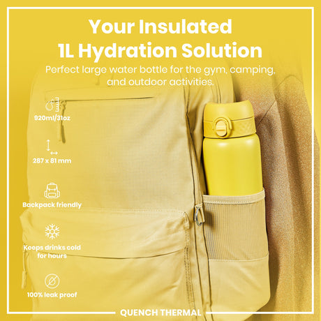 ION8 Leak Proof 1 Litre Thermal Water Bottle, Insulated Steel, Yellow, 1L