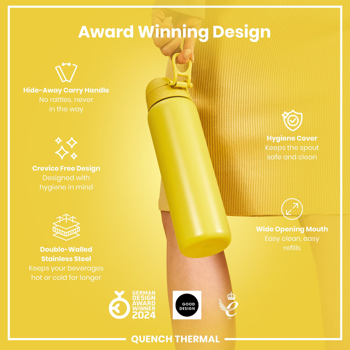 ION8 Leak Proof 1 Litre Thermal Water Bottle, Insulated Steel, Yellow, 1L