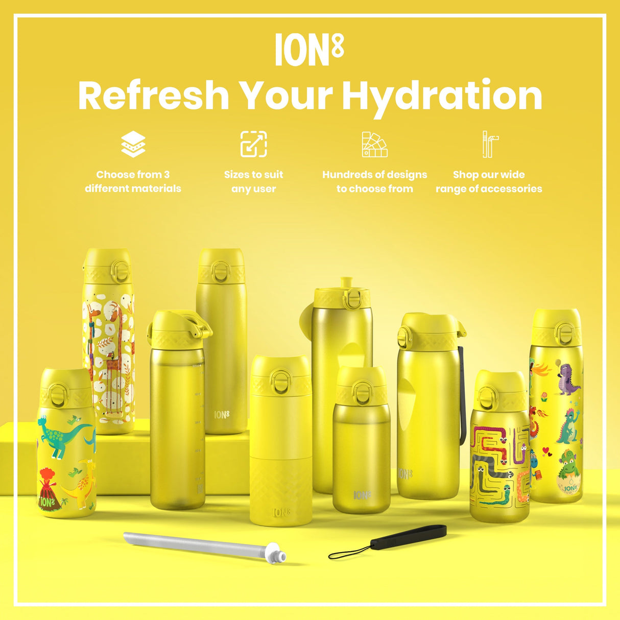 ION8 Leak Proof 1 Litre Thermal Water Bottle, Insulated Steel, Yellow, 1L