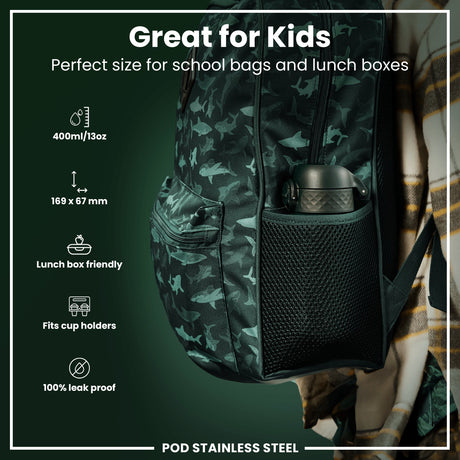 ION8 Leak Proof Kids Water Bottle, Stainless Steel, Dark Green, 400ml (13oz)