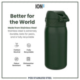 ION8 Leak Proof Kids Water Bottle, Stainless Steel, Dark Green, 400ml (13oz)