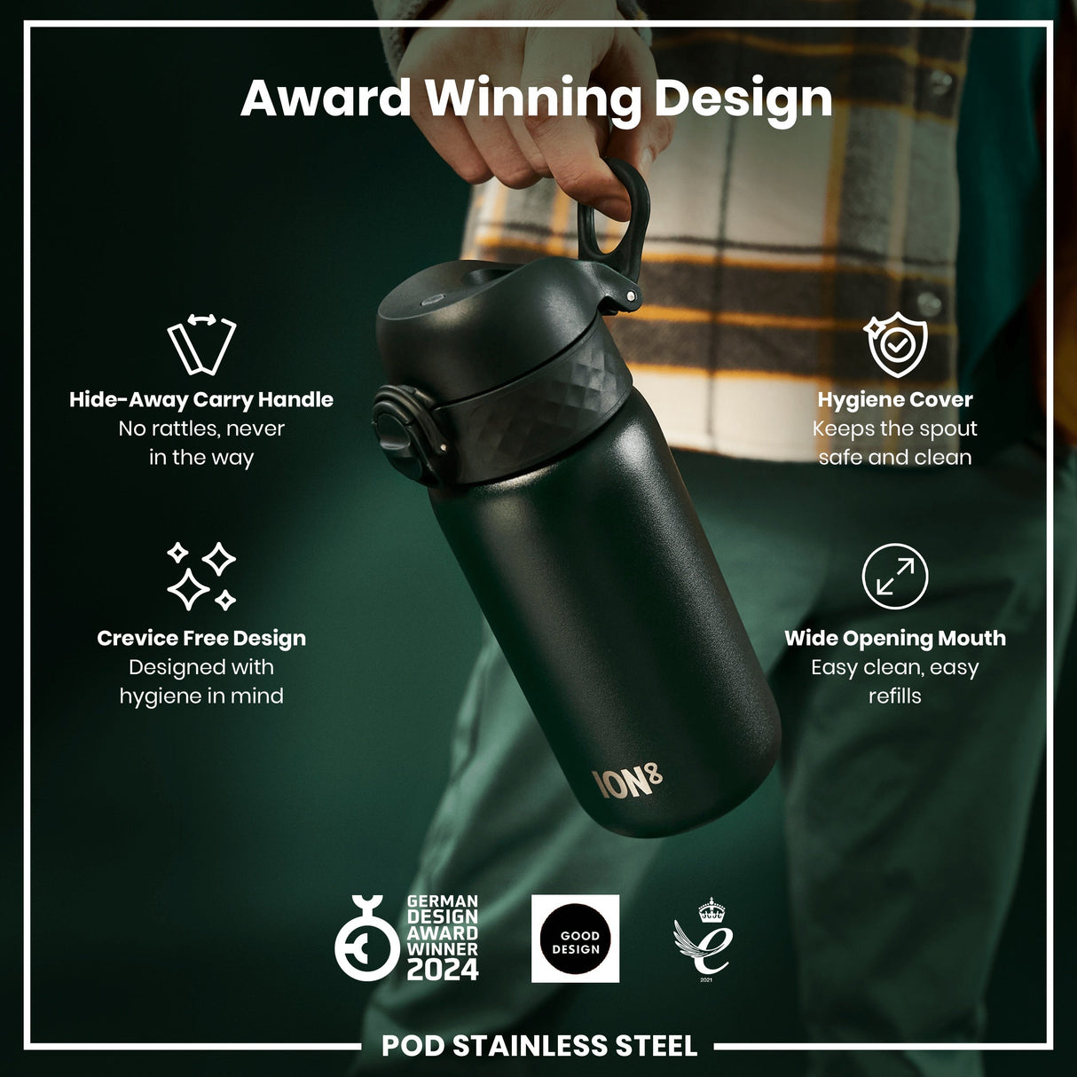 ION8 Leak Proof Kids Water Bottle, Stainless Steel, Dark Green, 400ml (13oz)