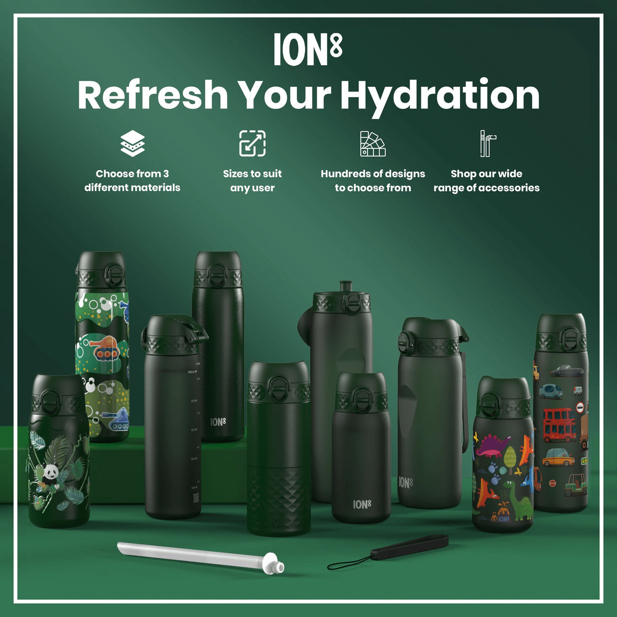 ION8 Leak Proof Kids Water Bottle, Stainless Steel, Dark Green, 400ml (13oz)