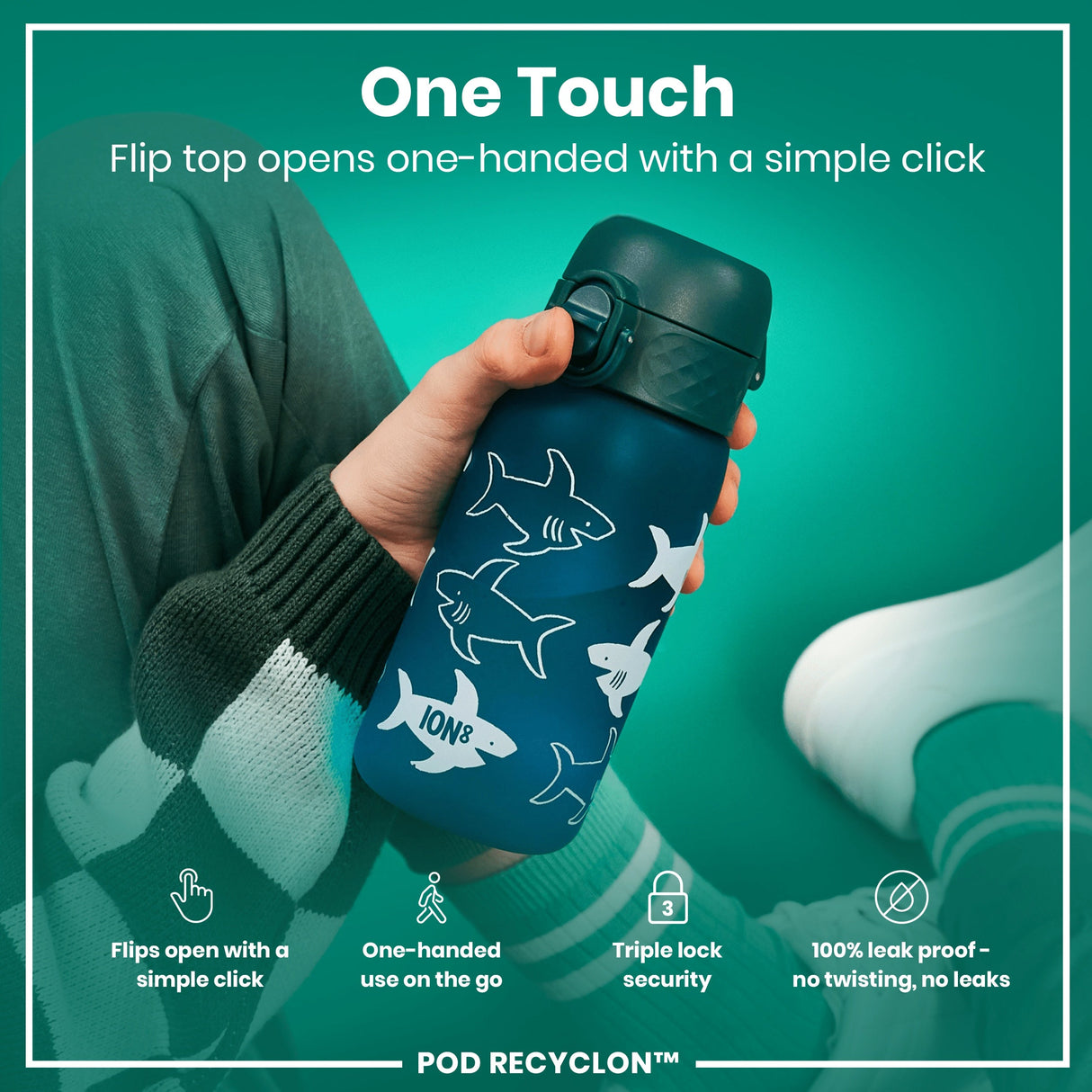 ION8 Leak Proof Kids Water Bottle, Recyclon, Shark, 350ml (12oz)