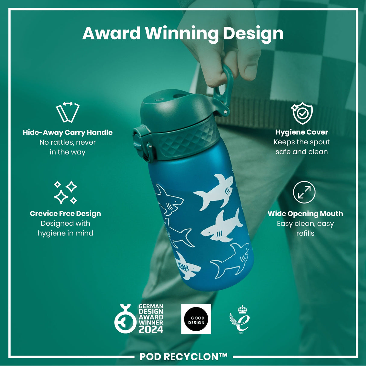 ION8 Leak Proof Kids Water Bottle, Recyclon, Shark, 350ml (12oz)