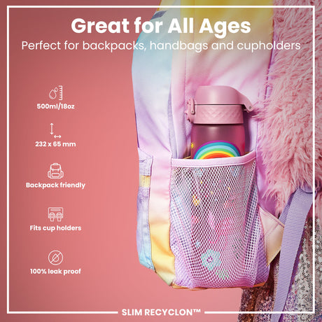 ION8 Leak Proof Slim Water Bottle, Recyclon, Unicorns, 500ml (18oz)