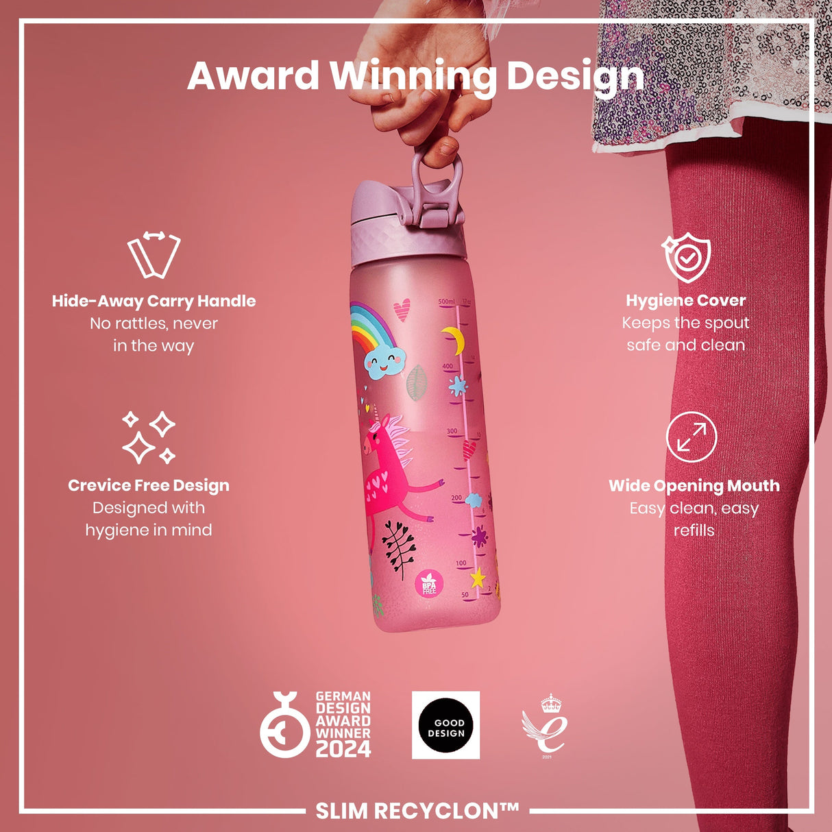 ION8 Leak Proof Slim Water Bottle, Recyclon, Unicorns, 500ml (18oz)