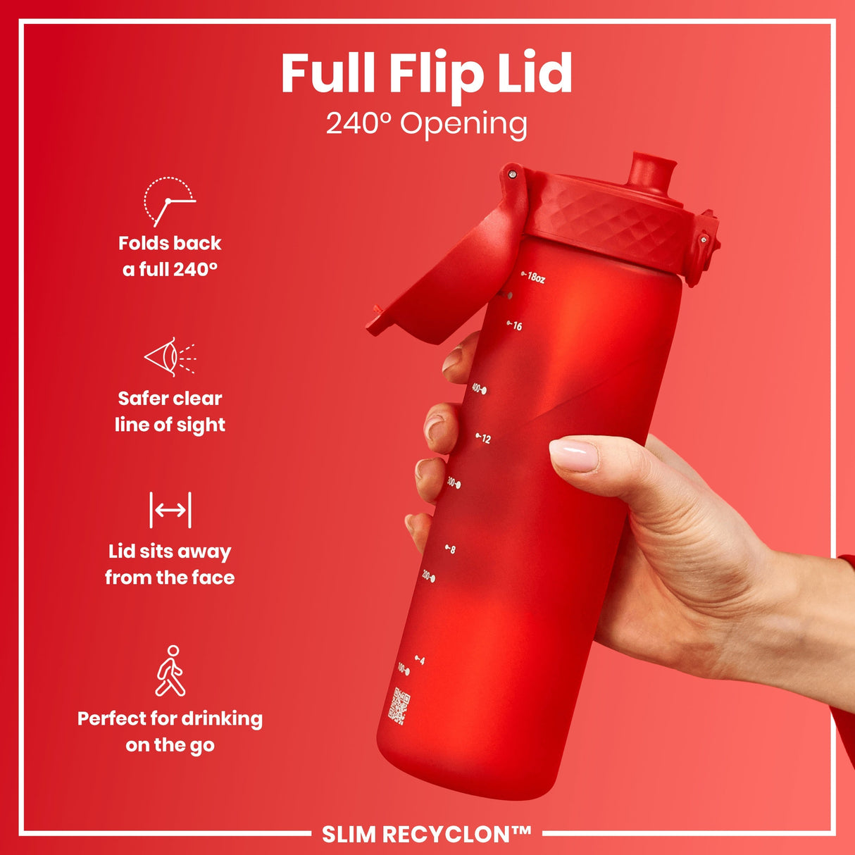 ION8 Leak Proof Slim Water Bottle, Recyclon, Red, 500ml (18oz)