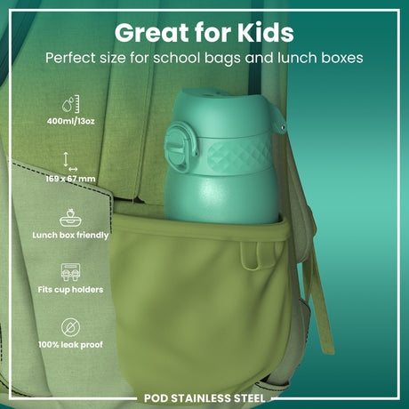 ION8 Leak Proof Kids Water Bottle, Stainless Steel, Teal, 400ml (13oz)