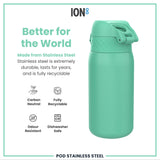 ION8 Leak Proof Kids Water Bottle, Stainless Steel, Teal, 400ml (13oz)