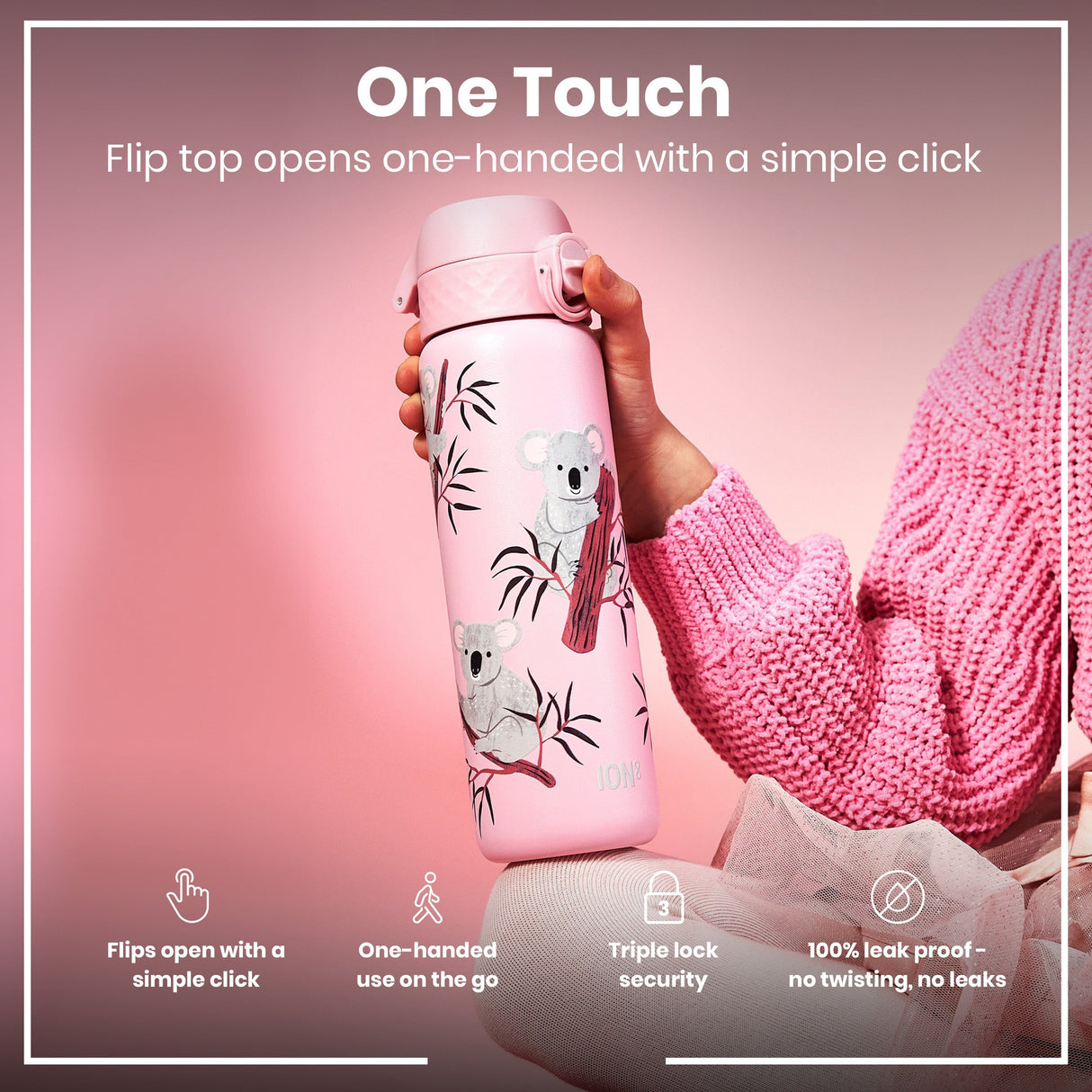 ION8 Leak Proof Slim Thermal Steel Water Bottle, Insulated, Koala, 500ml (17oz)